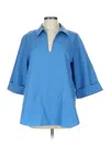 Lafayette 148 3/4 Sleeve Button Down Shirt In Blue