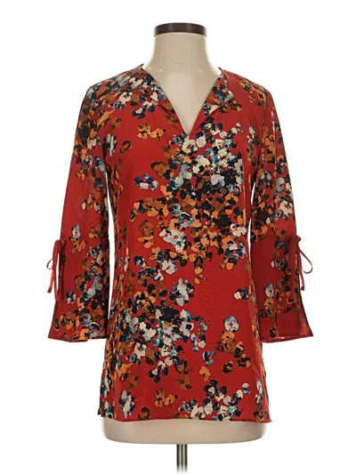 Pre-owned Lafayette 148 3/4 Sleeve Silk Top Red Tie Neck Tops