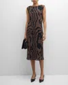 Lafayette 148 Wood Grooves Pleated Lace Midi Dress In Wood Multi In Wood Multi