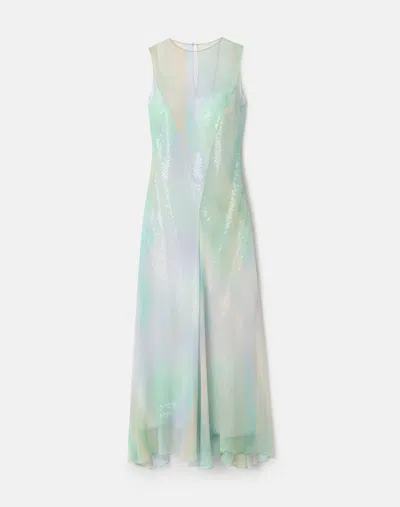 Lafayette 148 Aurora Print Silk Flared Gown With Sequin Slip In Green