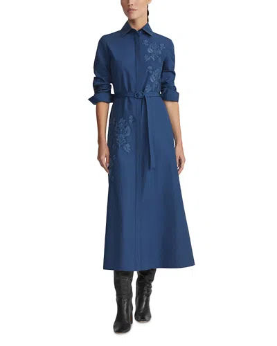 Lafayette 148 New York Baroque Embroidered Floral Long Sleeve Cotton Poplin Shirtdress In Blue