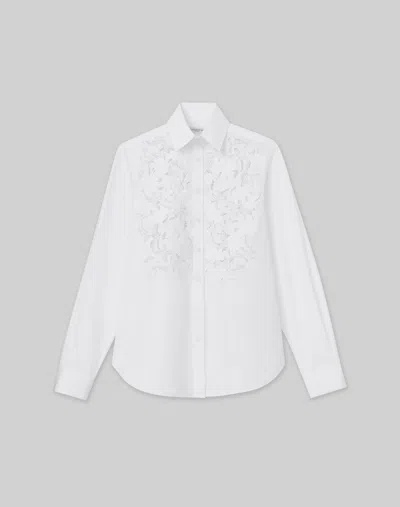 Lafayette 148 Baroque Embroidered Organic Cotton Poplin Shirt In White
