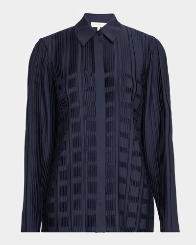 Lafayette 148 Basketweave Plisse Recycled Satin Blouse In Blue