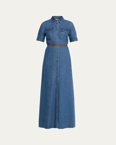 Lafayette 148 Belted Cotton Chambray Maxi Shirtdress In Blue