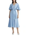 Lafayette 148 New York Plus Belted Flounced Sleeve Silk-blend Dress In Blue Oasis