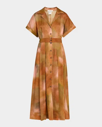 Lafayette 148 Belted Notched-lapel Midi Shirtdress In Red Ochre Multi