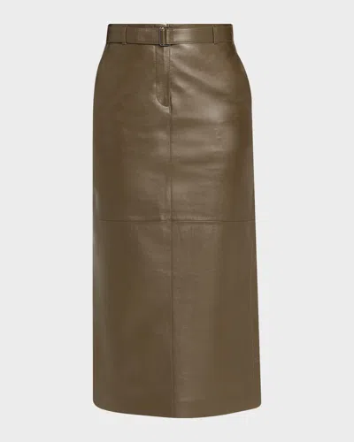 Lafayette 148 Belted Side-slit Leather Midi Skirt In Green