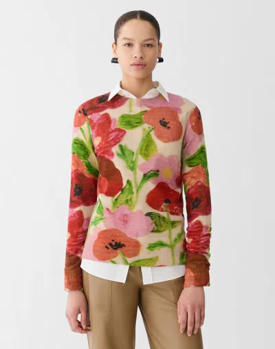 Lafayette 148 Blossom Print Cashmere Crewneck Sweater In Animal Print
