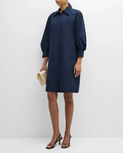 Lafayette 148 Blouson-sleeve Cotton Poplin Midi Shirtdress In Ink