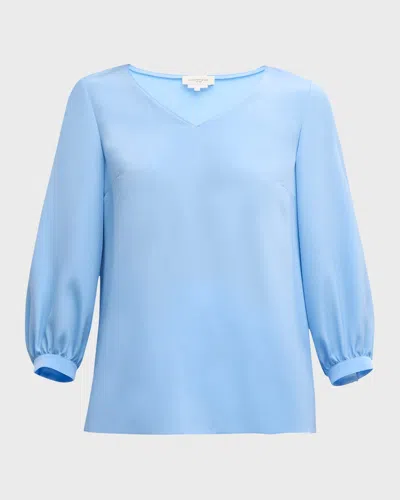 Lafayette 148 Blouson-sleeve V-neck Blouse In Sky Blue