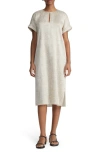 Lafayette 148 Crinkled Burlap-print Silk Midi Shift Dress In Cadet Khaki Multi