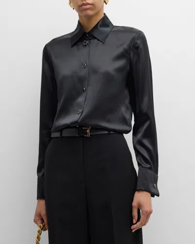 Lafayette 148 Button-down Slim Silk Blouse In Black