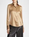 Lafayette 148 Plus-size Silk Charmeuse Button Front Slim Blouse In Camel