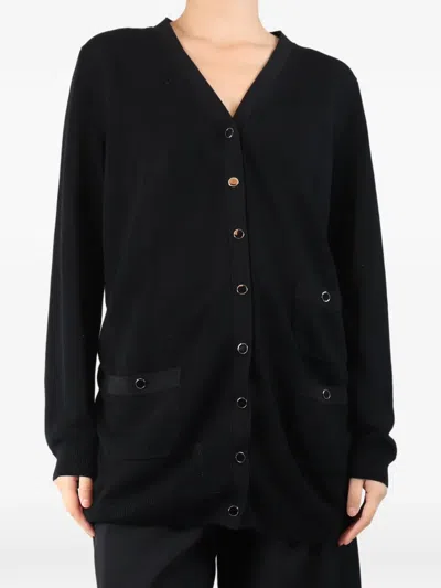 Pre-owned Lafayette 148 Button-down V-neck Cotton Cardigan In Black