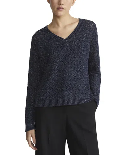 Lafayette 148 Cabled V-neck Linen & Silk-blend Sweater In Blue