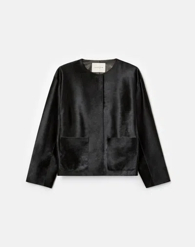 Lafayette 148 New York Collarless Patch Pocket Genuine Calf Hair Jacket In Black