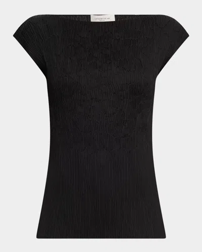 Lafayette 148 Cap-sleeve Embroidered Plisse Blouse In Black