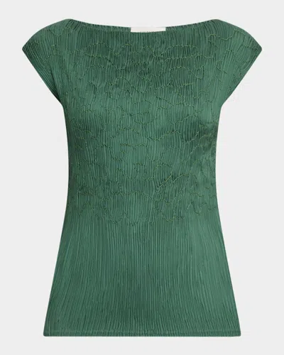 Lafayette 148 Cap-sleeve Embroidered Plisse Blouse In Green