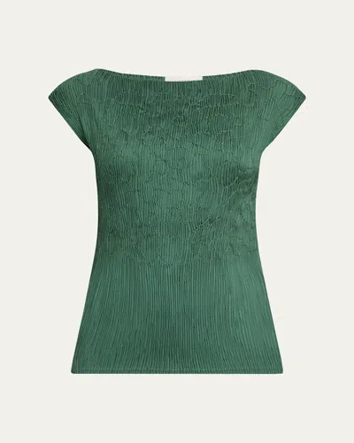 Lafayette 148 Satin Plisse Smocked Sleeveless Blouse In Green