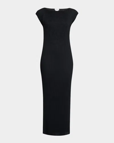 Lafayette 148 Cap-sleeve Embroidered Plisse Maxi Dress In Black