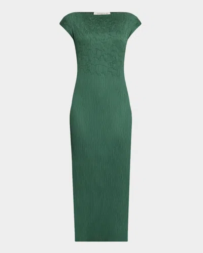 Lafayette 148 Cap-sleeve Embroidered Plisse Maxi Dress In Green