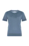 Lafayette 148 Cashmere And Silk Chiffon Trim Sweater In Blue
