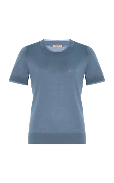 Lafayette 148 Cashmere And Silk Chiffon Trim Sweater In Blue