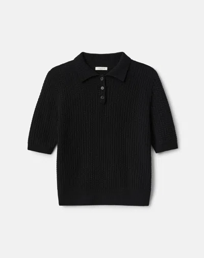 Lafayette 148 Cashmere Cabled Short Sleeve Polo Sweater In Black