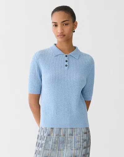 Lafayette 148 Cashmere Cabled Short Sleeve Polo Sweater In Blue