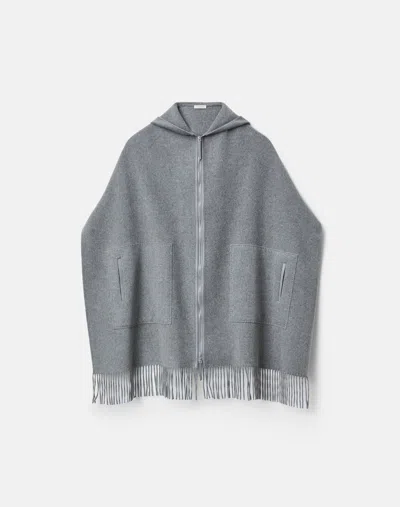Lafayette 148 Cashmere Double Face Hooded Fringe Poncho In Nickel Melange