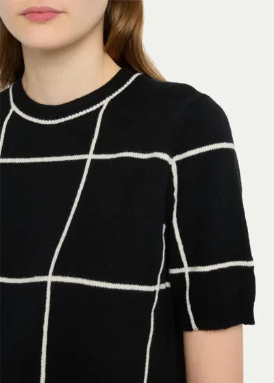 Lafayette 148 Cashmere Grid Intarsia Short-sleeve Pullover In Black/white