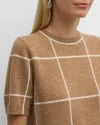 Lafayette 148 Cashmere Grid Intarsia Short-sleeve Pullover In Camel Multi In Brown