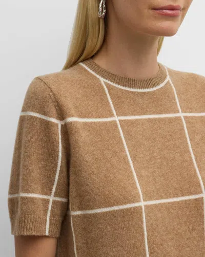 Lafayette 148 Cashmere Grid Intarsia Short-sleeve Pullover In Camel Multi In Brown