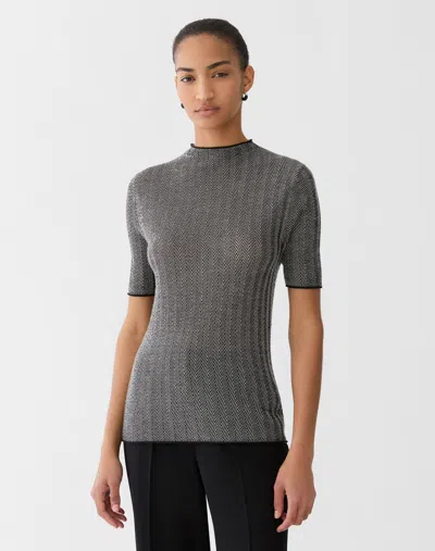 Lafayette 148 Cashmere Herringbone Short Sleeve Sweater In Black/buff