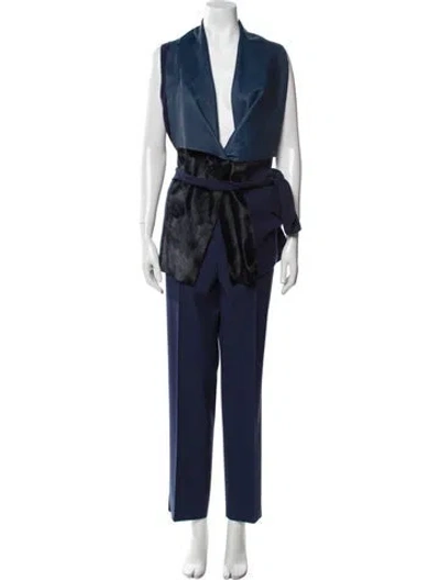 Pre-owned Lafayette 148 Cashmere Leather Trim Embellishment Pantsuit In Blue