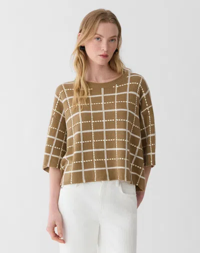 Lafayette 148 Cashmere Linen Plaid Crewneck Sweater In Brown