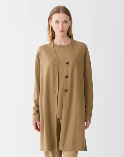 Lafayette 148 Cashmere Linen Side Slit Long Cardigan In Brown