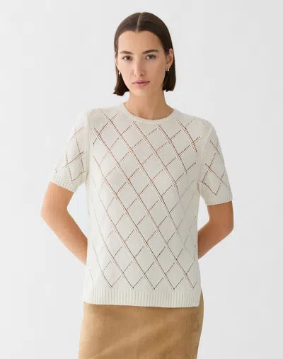 Lafayette 148 Cashmere Sequin Silk Argyle Pointelle Sweater In Cloud Metallic