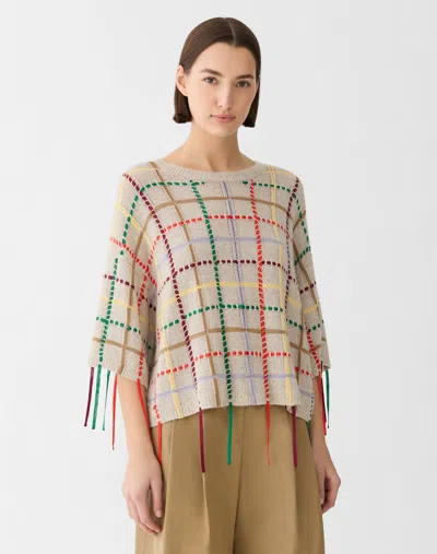 Lafayette 148 Cashmere Sequin Silk Plaid Hand Fringed Sweater In Neutral