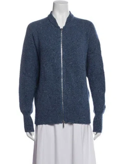 Pre-owned Lafayette 148 Cashmere Tweed Pattern Bomber Jacket In Blue