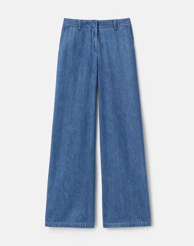 Lafayette 148 Chambray Cotton Mid Rise Wide Leg Pants In Blue