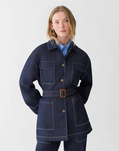 Lafayette 148 Chambray Cotton Patch Pocket Belted Shirt Jacket In Blue