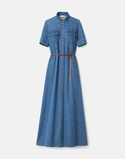 Lafayette 148 Chambray Cotton Short Sleeve Maxi Shirtdress In Blue