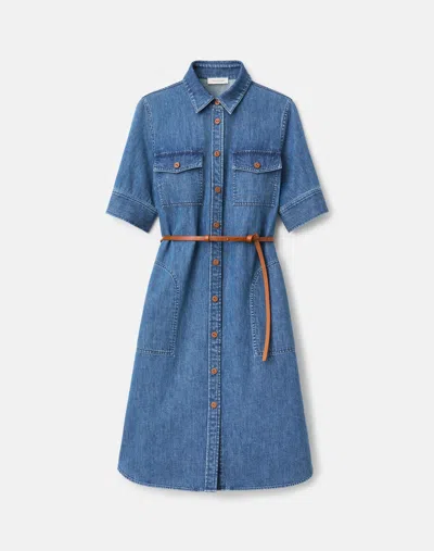 Lafayette 148 Chambray Cotton Short Sleeve Midi Shirtdress In Blue