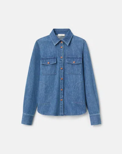 Lafayette 148 Chambray Cotton Short Sleeve Shirt In Blue
