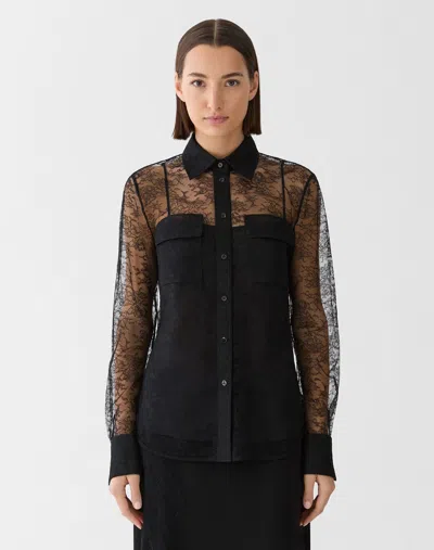 Lafayette 148 Chantilly Lace Long Sleeve Blouse In Black