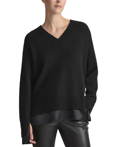 Lafayette 148 Charmeuse Trimmed V-neck Cashmere Sweater In Black