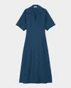 Lafayette 148 Collared Silk-linen Midi Dress In Lido Blue