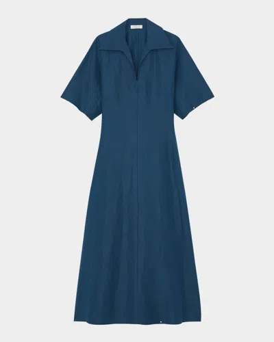 Lafayette 148 Collared Silk-linen Midi Dress In Lido Blue