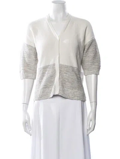 Pre-owned Lafayette 148 Colorblock Pattern V-neck Sweater In White
